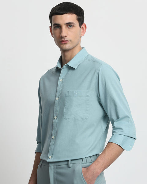 Mufti Turquoise Cotton Linen Plain Slim Fit Casual Shirt