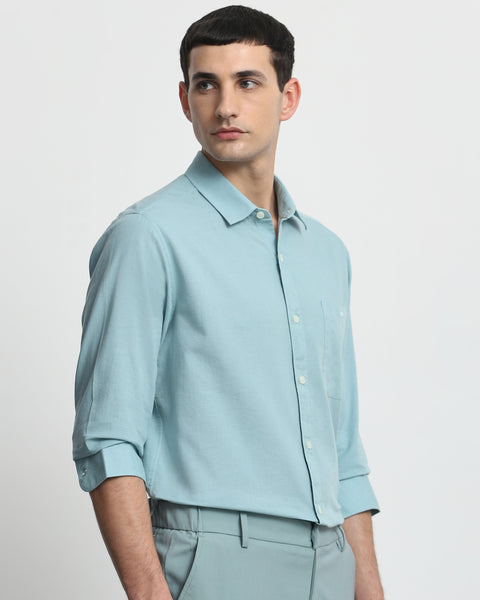 Mufti Turquoise Cotton Linen Plain Slim Fit Casual Shirt
