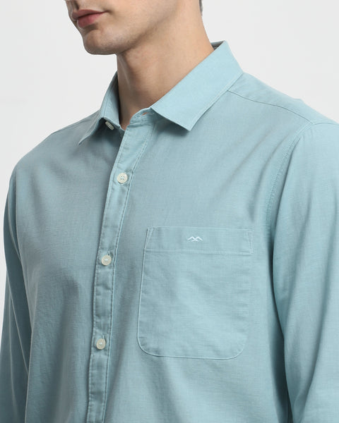 Mufti Turquoise Cotton Linen Plain Slim Fit Casual Shirt