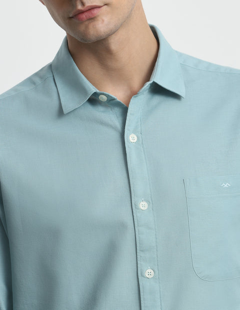 Mufti Turquoise Cotton Linen Plain Slim Fit Casual Shirt