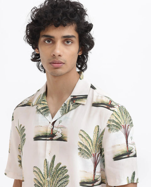 RARE RABBIT CUBAN COLLAR TROPICAL PRINT SHIRT PALAMO - BEIGE