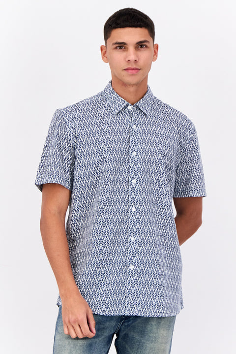 Peter Werth Men Regular Fit Short Sleeve All Over Printed Casual Shirt, White