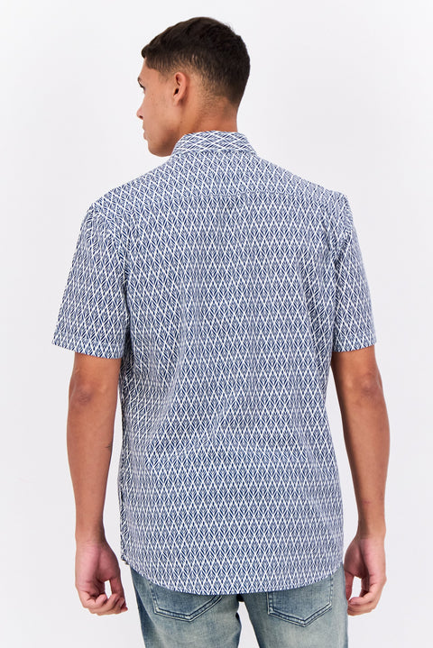 Peter Werth Men Regular Fit Short Sleeve All Over Printed Casual Shirt, White