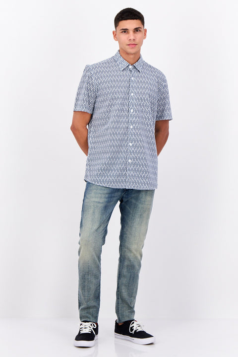 Peter Werth Men Regular Fit Short Sleeve All Over Printed Casual Shirt, White