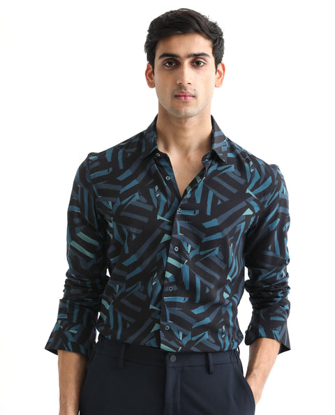 RARE RABBIT REGULAR FIT ABSTRACT PRINT SHIRT BALLET - BLACK