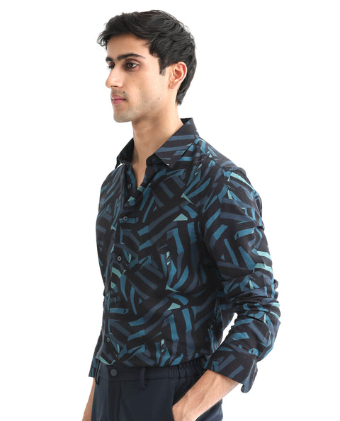 RARE RABBIT REGULAR FIT ABSTRACT PRINT SHIRT BALLET - BLACK