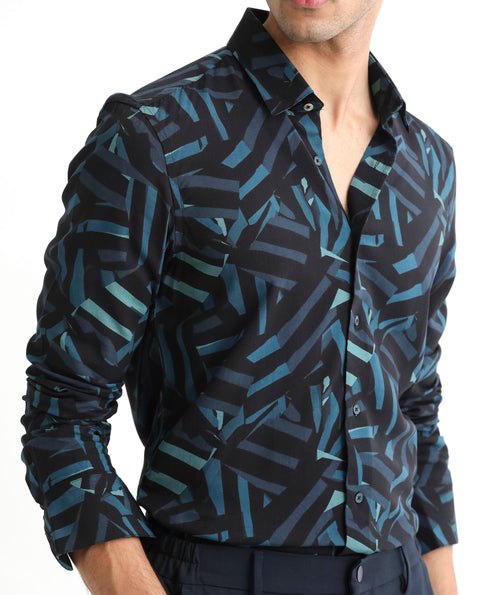 RARE RABBIT REGULAR FIT ABSTRACT PRINT SHIRT BALLET - BLACK