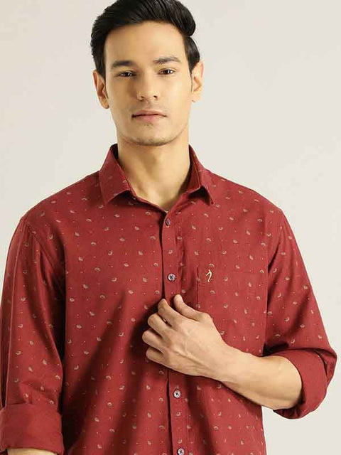 Indian Terrain Men Red Printed Full Sleeve Cotton Shirt