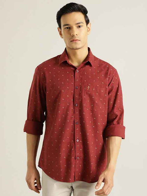 Indian Terrain Men Red Printed Full Sleeve Cotton Shirt