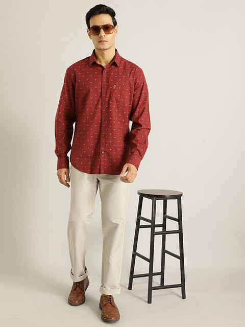 Indian Terrain Men Red Printed Full Sleeve Cotton Shirt