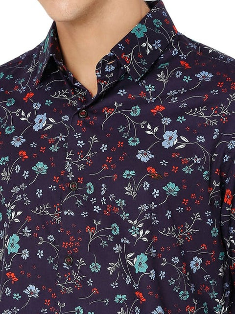 Mufti Navy Slim Fit Floral Print Shirt