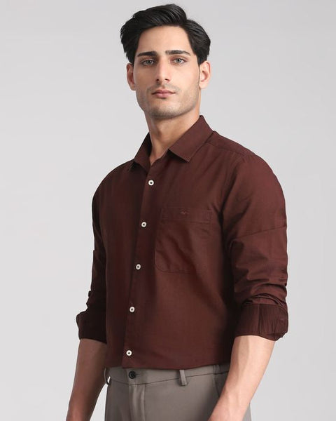 MUFTI MAROON COTTON LINEN PLAIN SLIM FIT CASUAL SHIRT