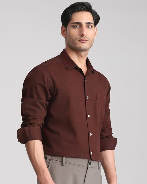 MUFTI MAROON COTTON LINEN PLAIN SLIM FIT CASUAL SHIRT