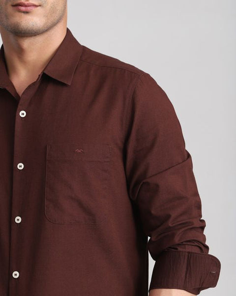 MUFTI MAROON COTTON LINEN PLAIN SLIM FIT CASUAL SHIRT