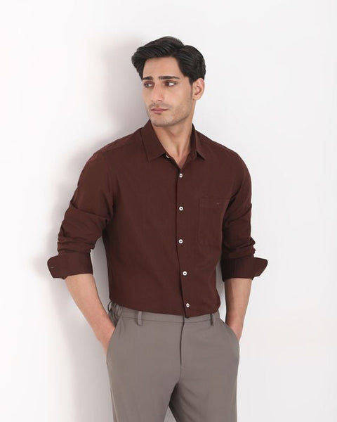 MUFTI MAROON COTTON LINEN PLAIN SLIM FIT CASUAL SHIRT